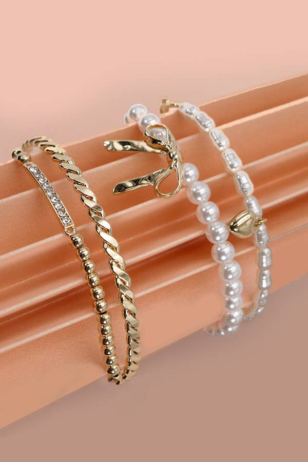 Bow Pearl Rhinestone Stretch Bangle Set | Gold