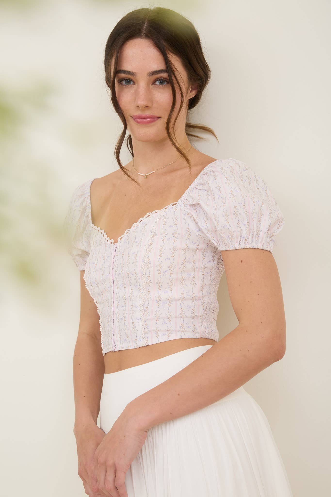 Stripe Floral Bow Pattern Sweetheart Neck Crop Top
