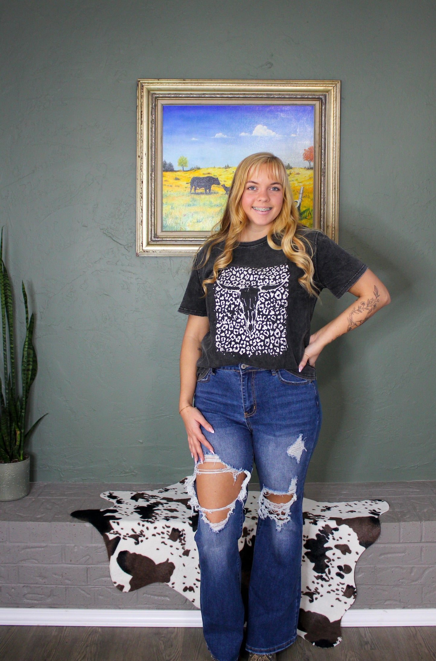 Black Leopard Skull Graphic Print Short Sleeve T-Shirt