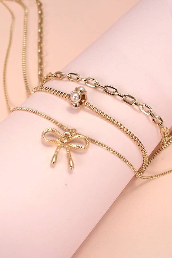 Multi-Layer Pearl & Bow Charm Necklace | Gold