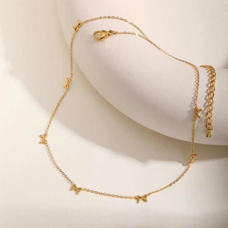 18K Gold Bow Pendant Necklace | Tarnish-Free Station Chain