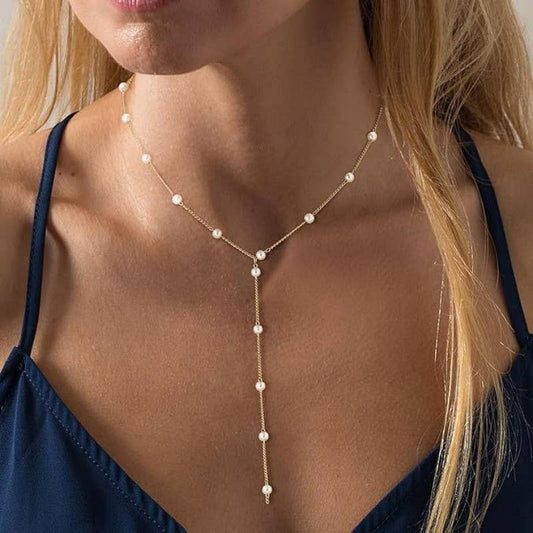 18K Gold Pearl Station Y Necklace | Tarnish-Free