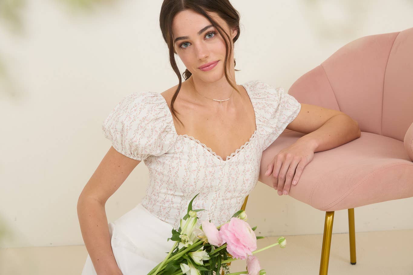 Stripe Floral Bow Pattern Sweetheart Neck Crop Top