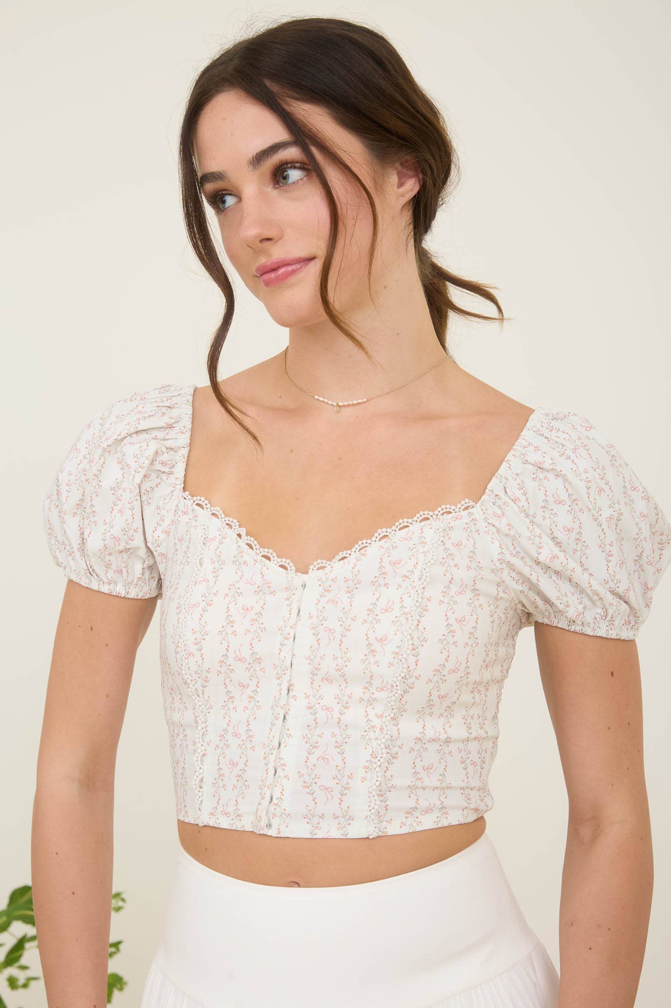 Stripe Floral Bow Pattern Sweetheart Neck Crop Top