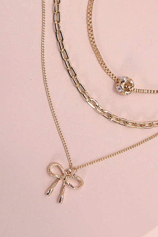 Multi-Layer Pearl & Bow Charm Necklace | Gold