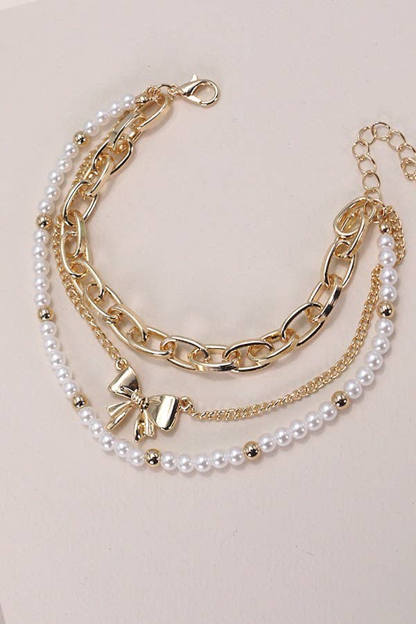 Bow Pearl Link Trio Bracelet Set | Gold