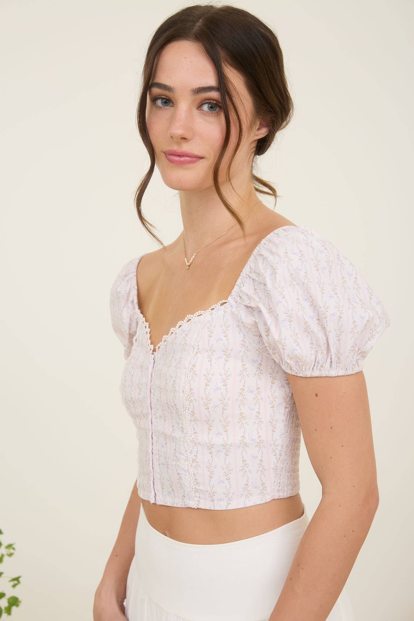 Stripe Floral Bow Pattern Sweetheart Neck Crop Top