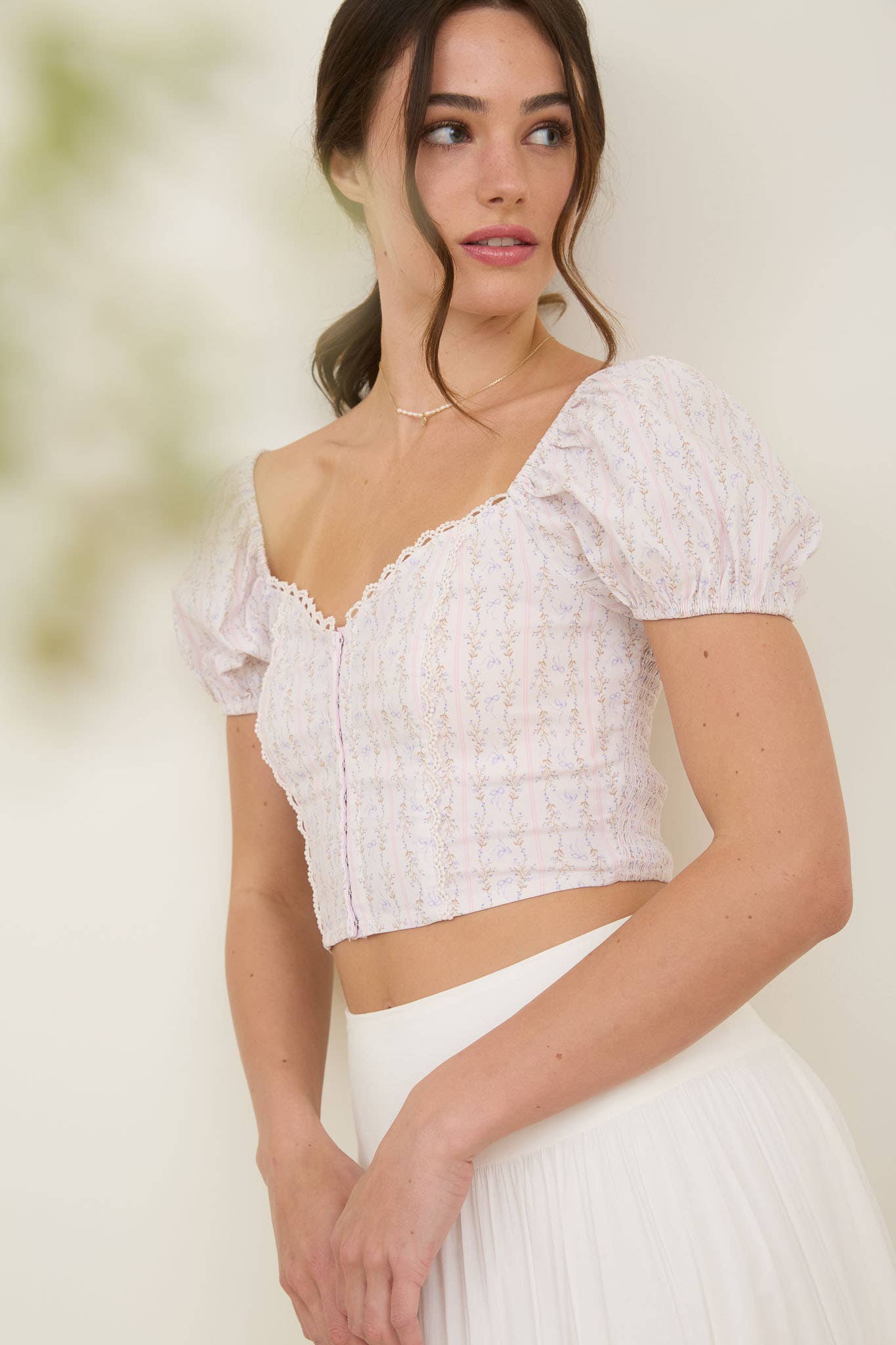 Stripe Floral Bow Pattern Sweetheart Neck Crop Top