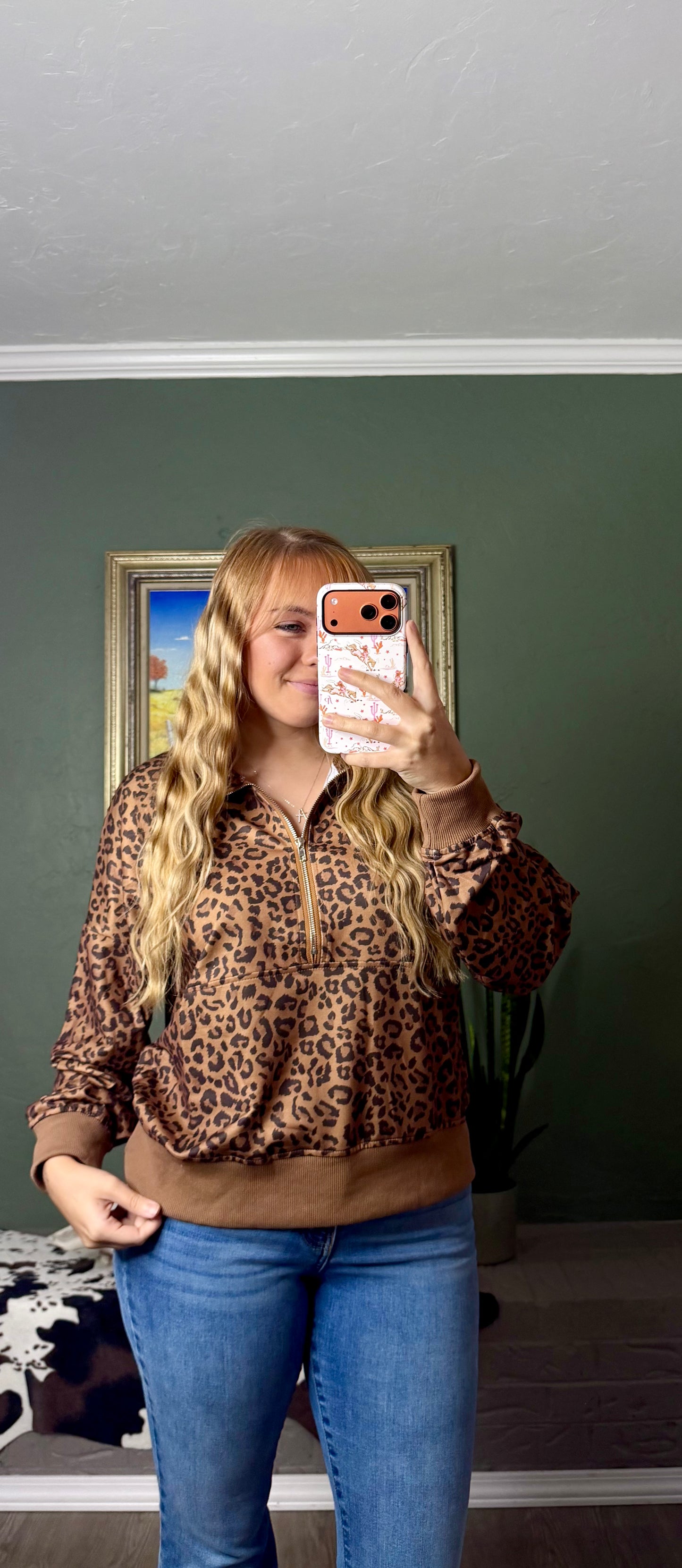 Leopard Print Half Zip Oversized Pullover Sweatshirt