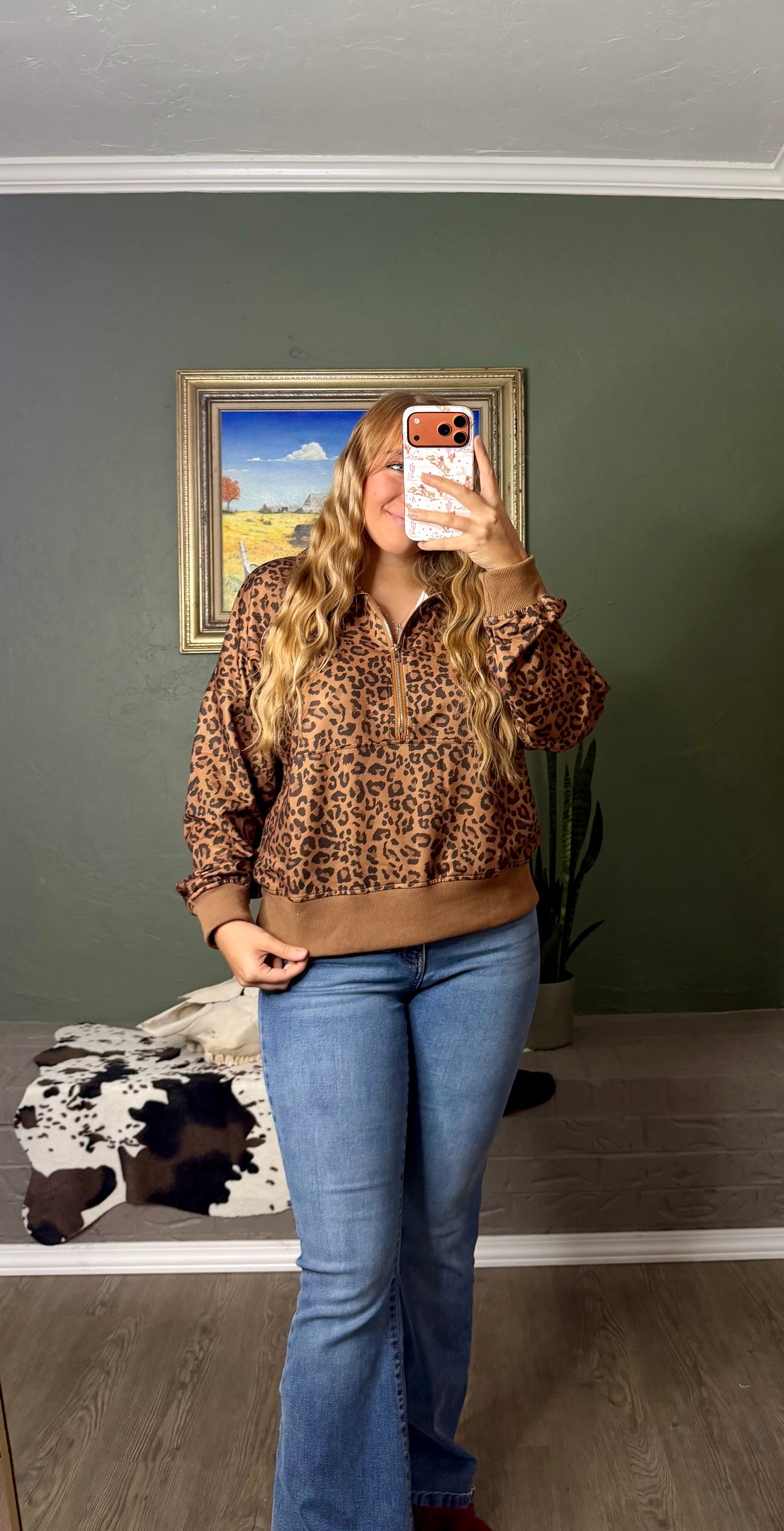 Leopard Print Half Zip Oversized Pullover Sweatshirt