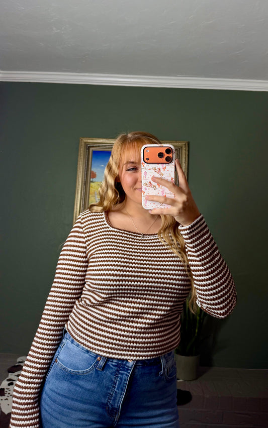 Striped Knit Top Trendy Fitted Square Neck