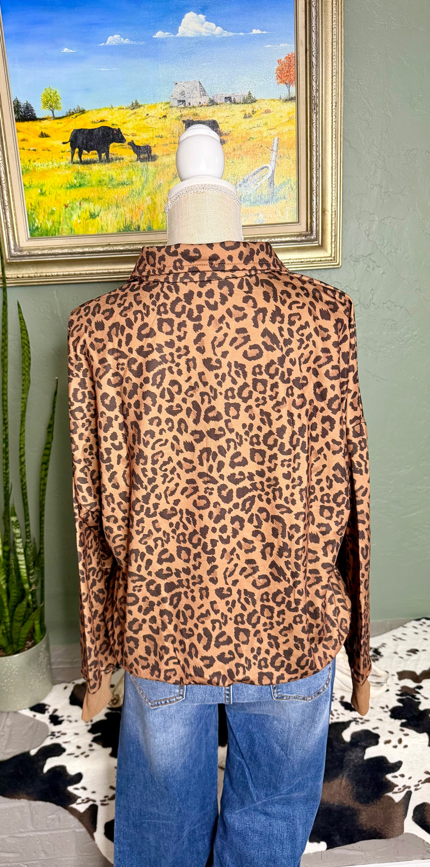 Leopard Print Half Zip Oversized Pullover Sweatshirt
