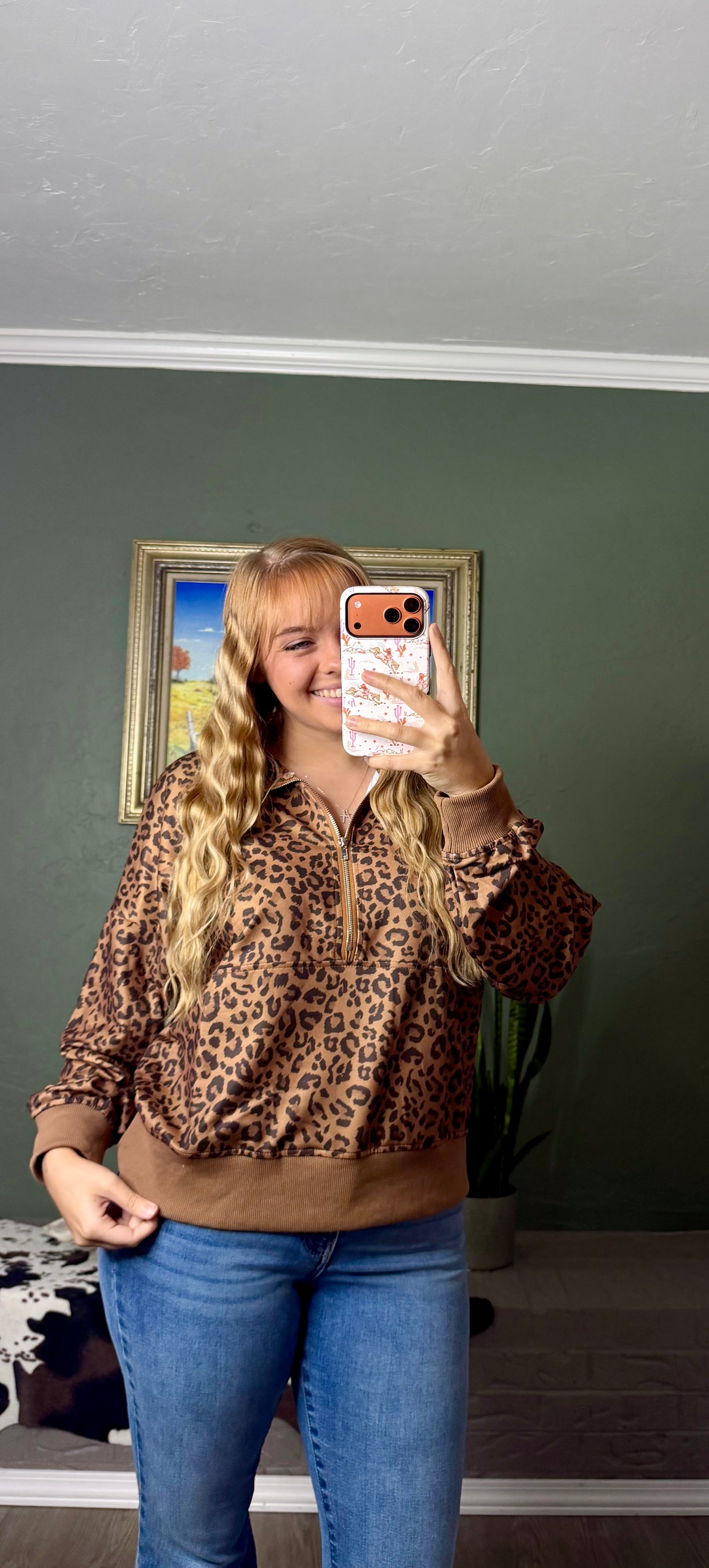 Leopard Print Half Zip Oversized Pullover Sweatshirt