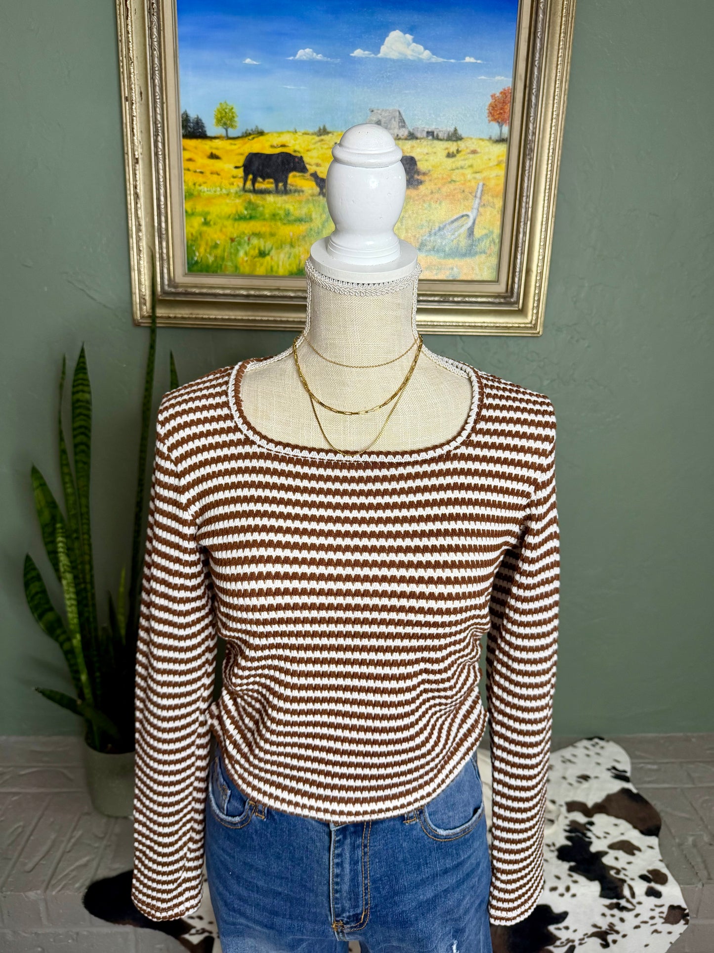 Striped Knit Top Trendy Fitted Square Neck