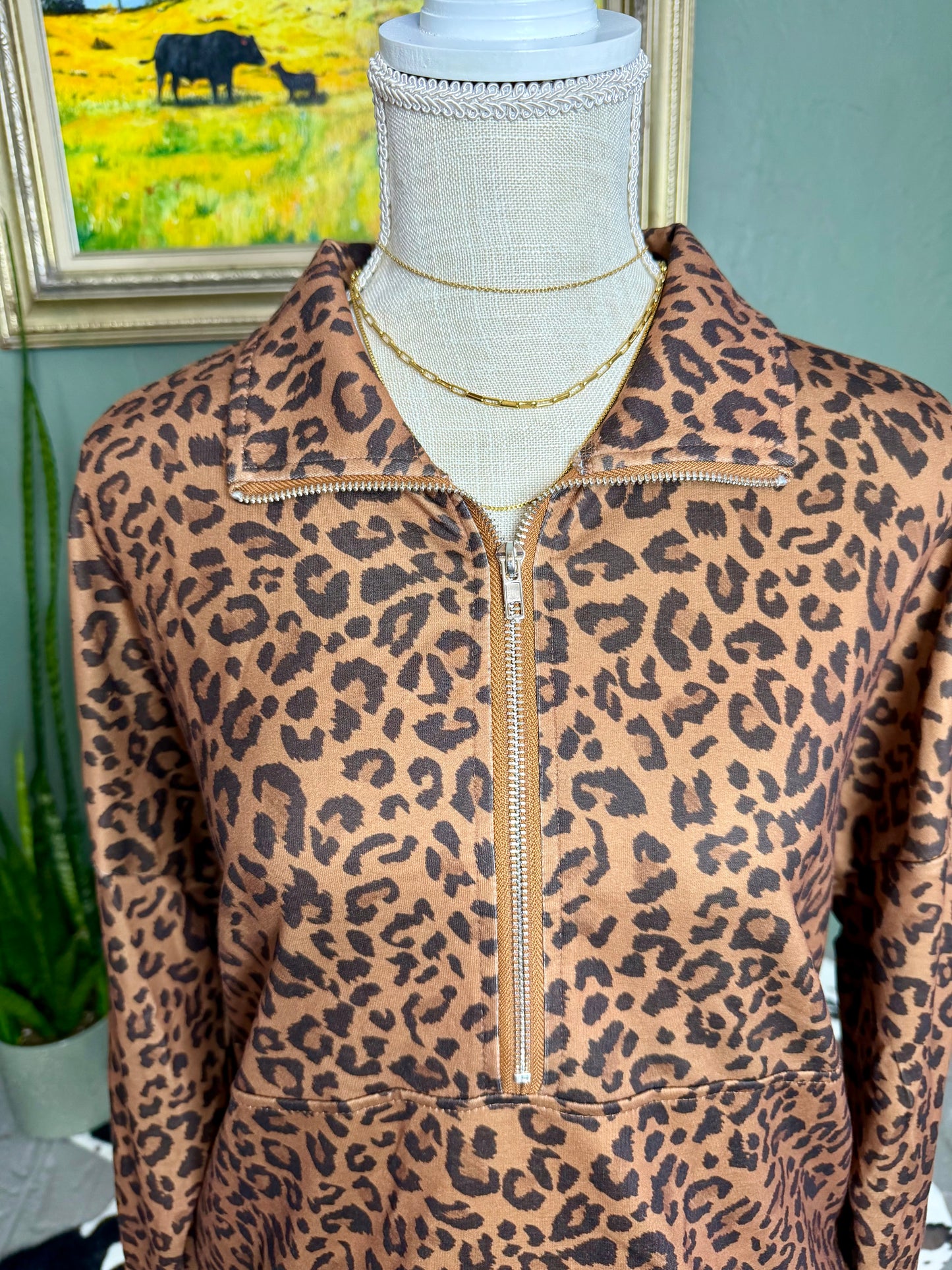 Leopard Print Half Zip Oversized Pullover Sweatshirt