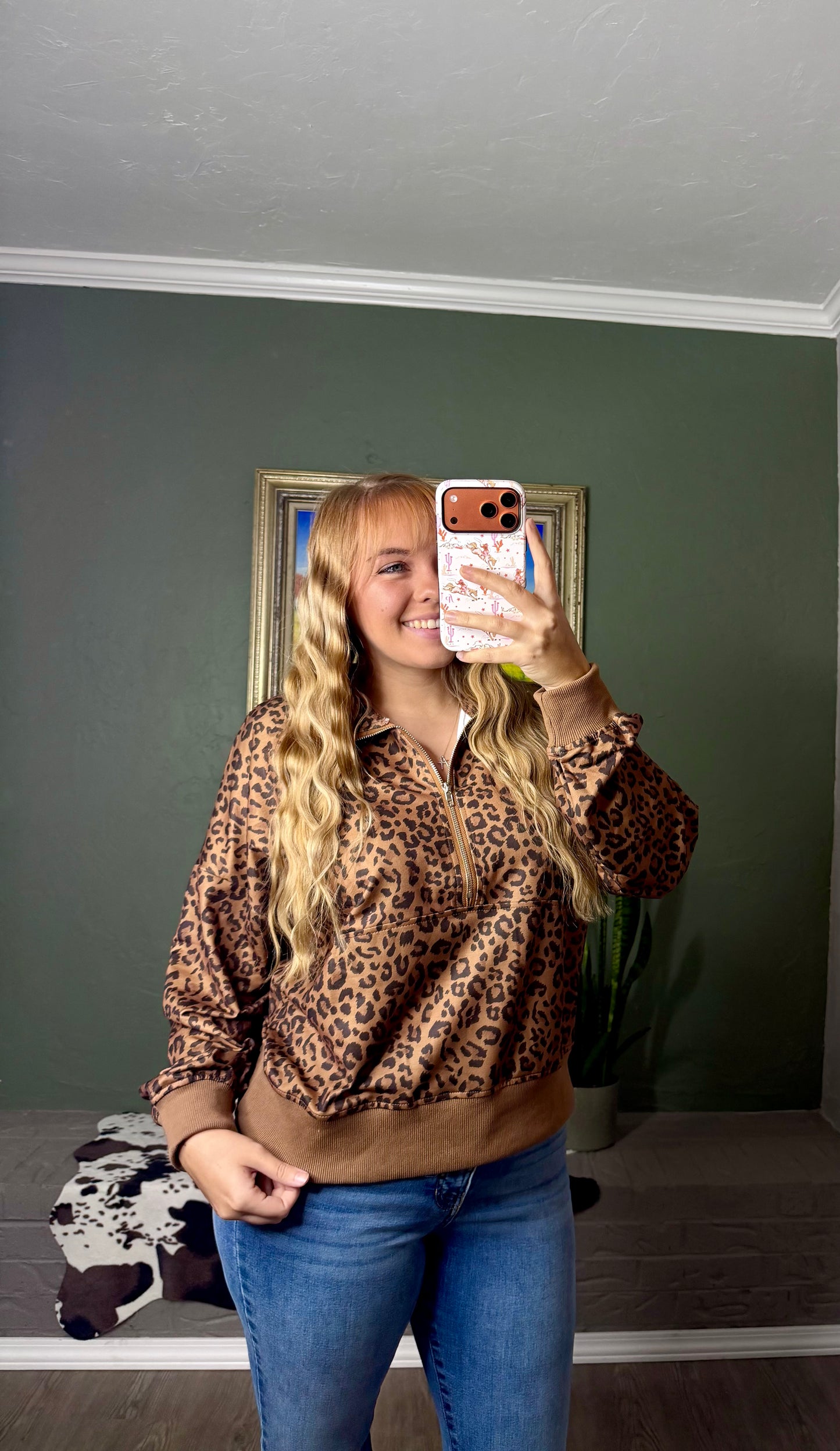 Leopard Print Half Zip Oversized Pullover Sweatshirt