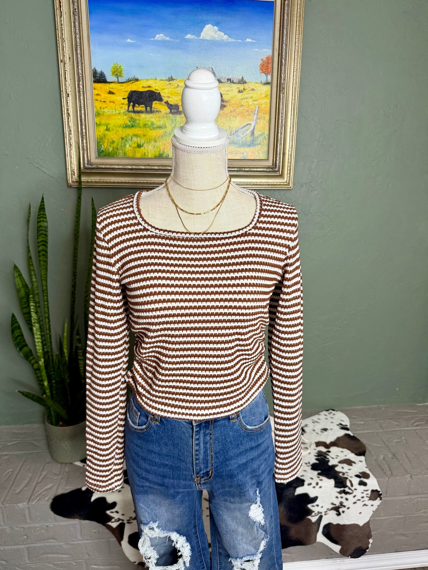 Striped Knit Top Trendy Fitted Square Neck