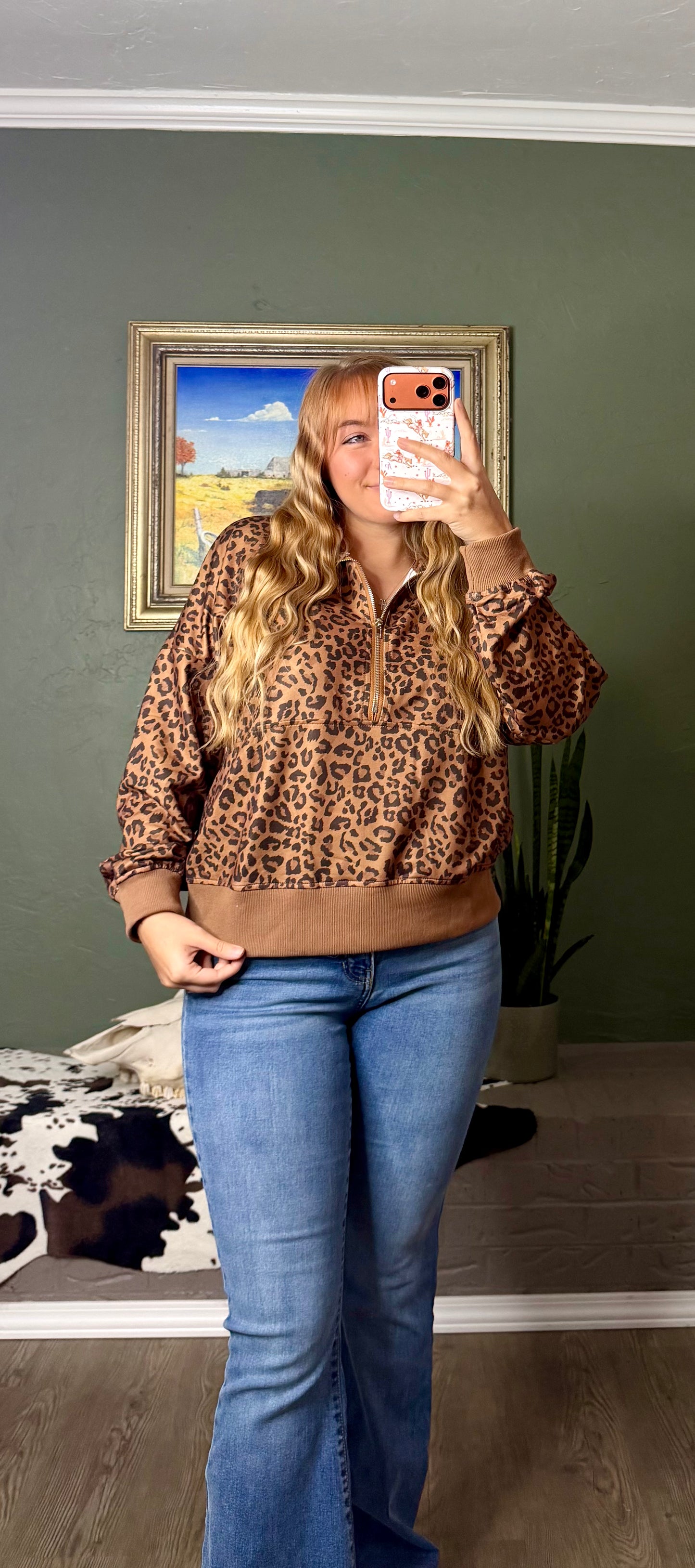 Leopard Print Half Zip Oversized Pullover Sweatshirt