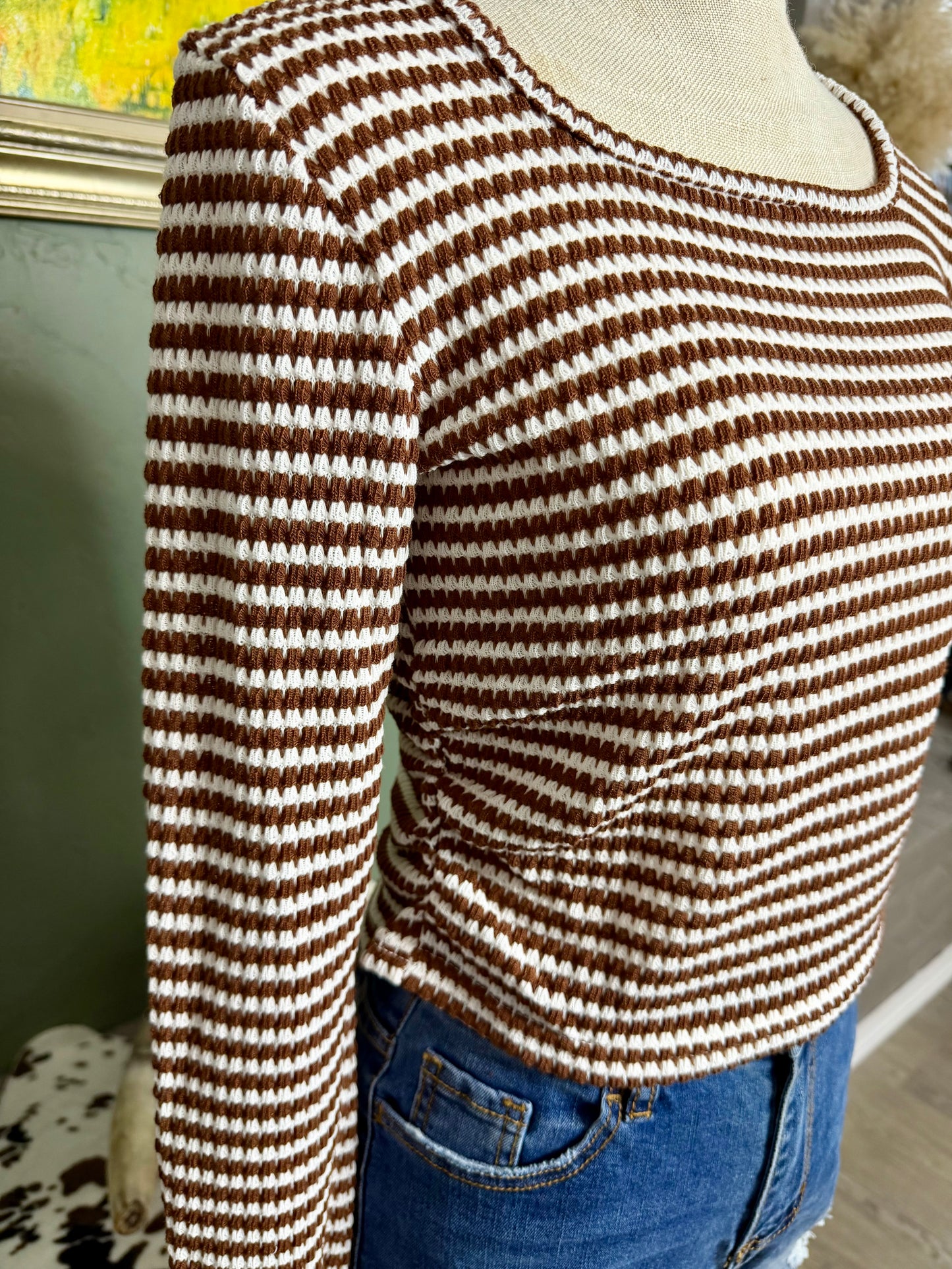 Striped Knit Top Trendy Fitted Square Neck