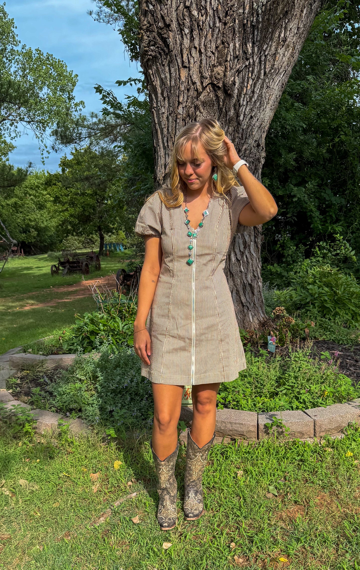 PUFF SLEEVE ZIP FRONT STRIPED DENIM MINI DRESS