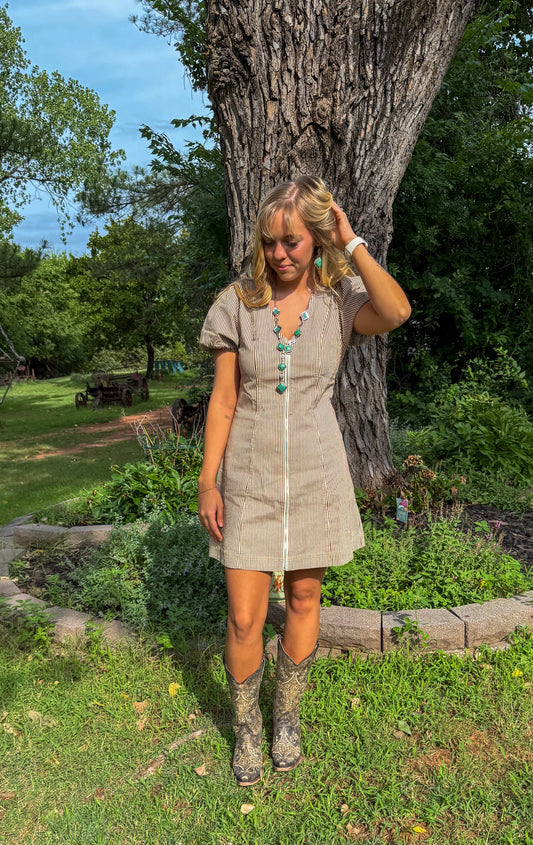 PUFF SLEEVE ZIP FRONT STRIPED DENIM MINI DRESS