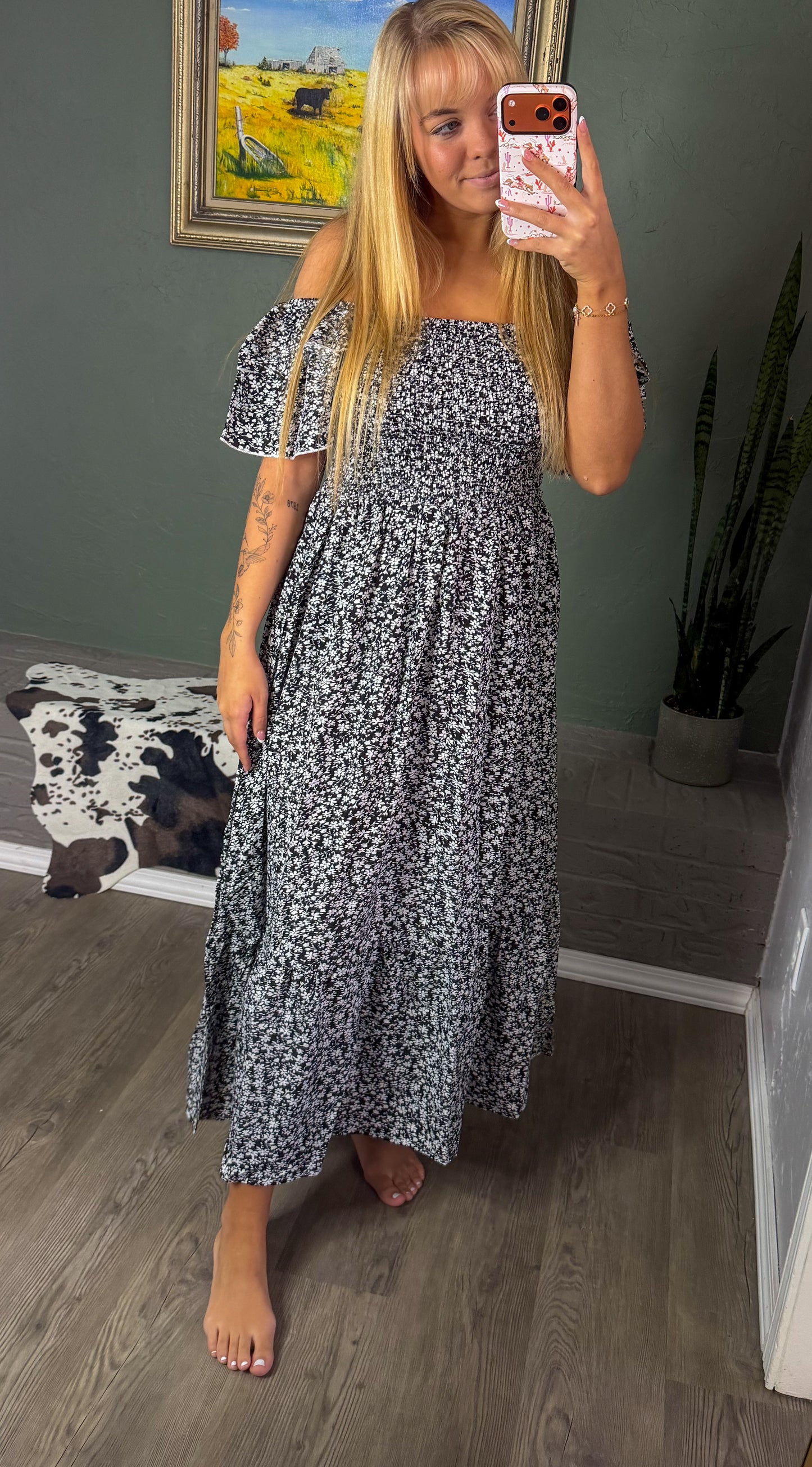 Floral Square Neck Smocked Maxi Dress
