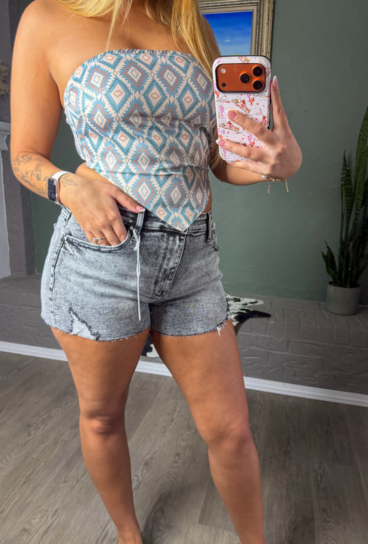 High Rise Gray Acid Wash Shorts