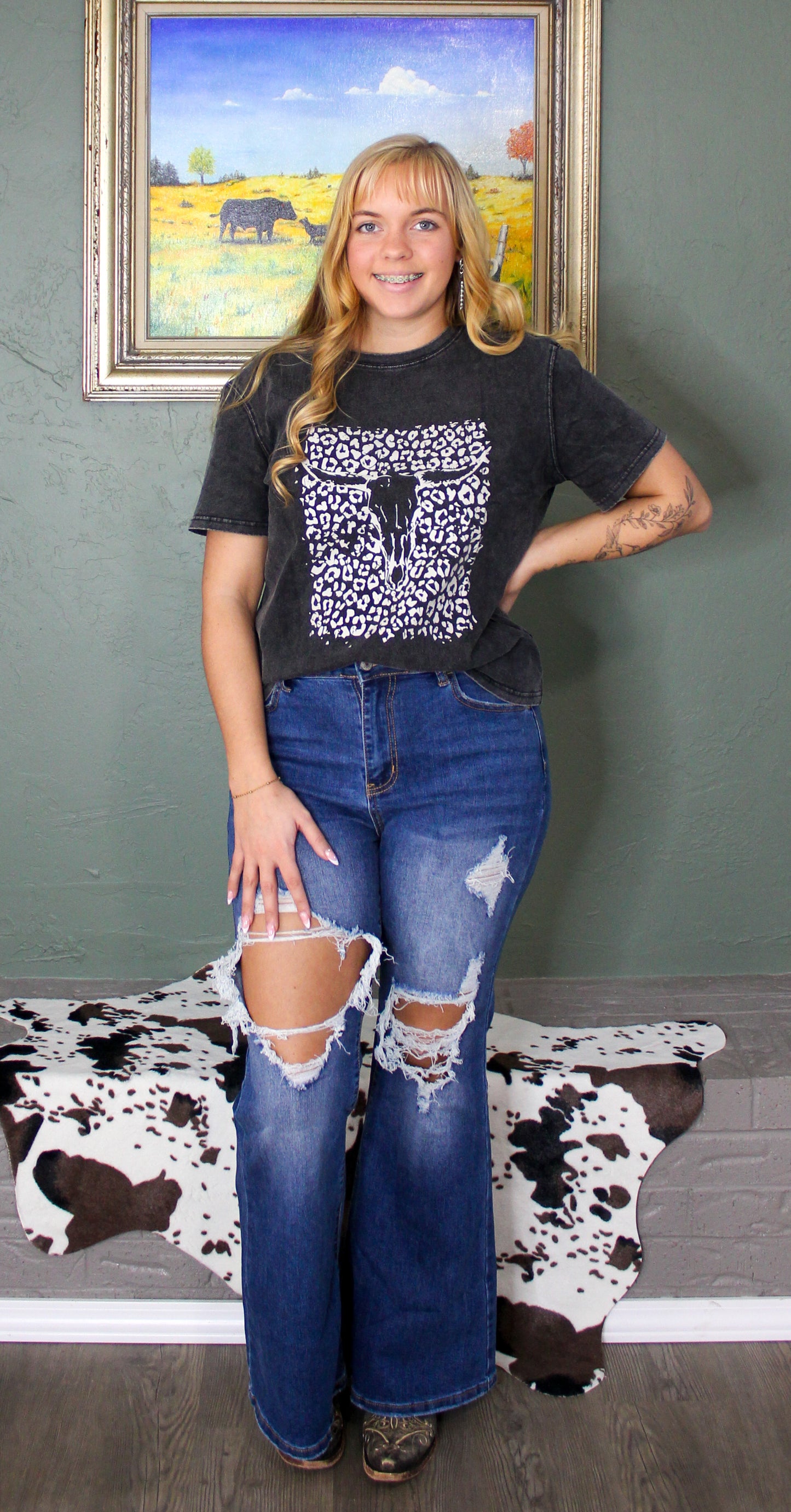 Black Leopard Skull Graphic Print Short Sleeve T-Shirt