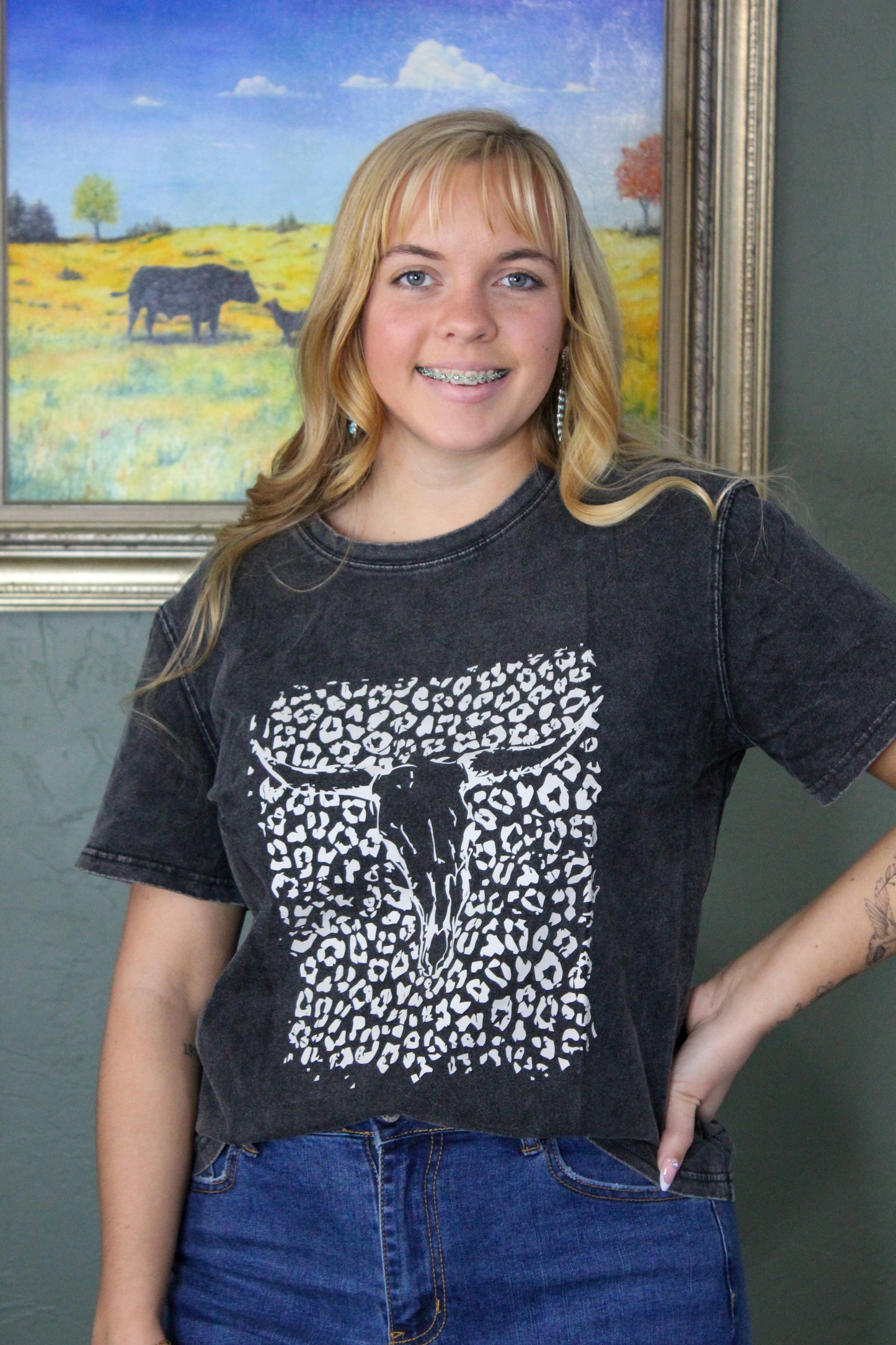 Black Leopard Skull Graphic Print Short Sleeve T-Shirt