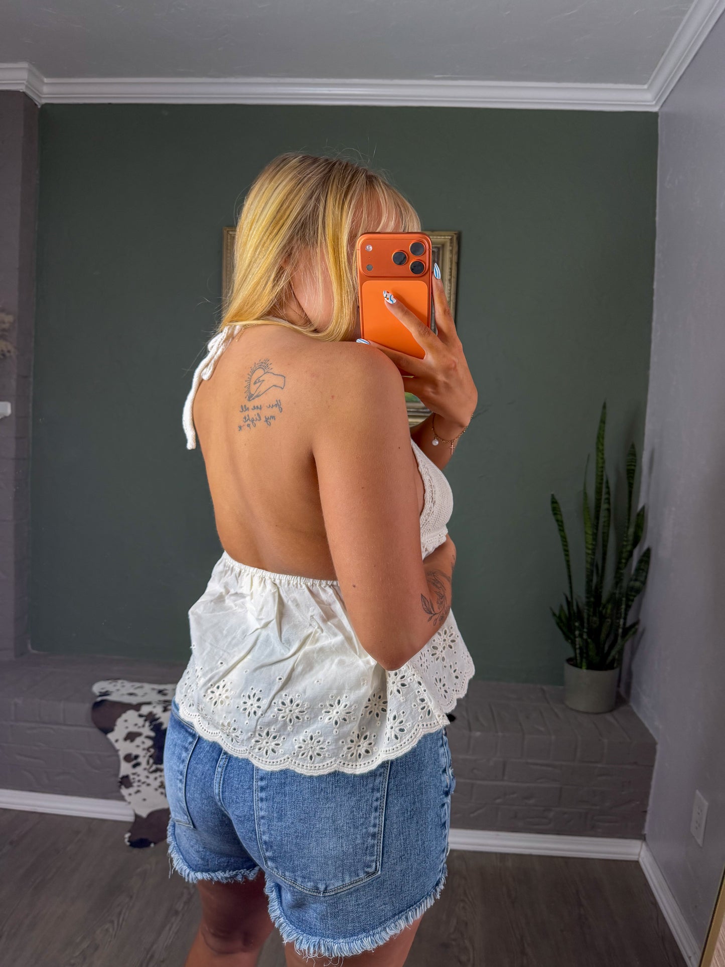 Knit Cotton Eyelet Halter Plunge V-Neck Top