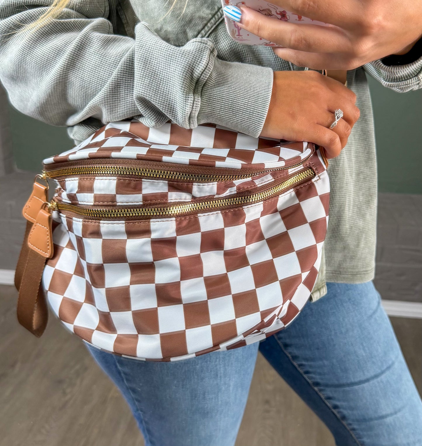 Checkered Leopard Crossbody Sling Bag