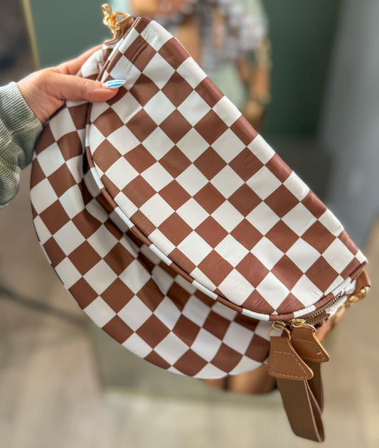 Checkered Leopard Crossbody Sling Bag | Double Zipper