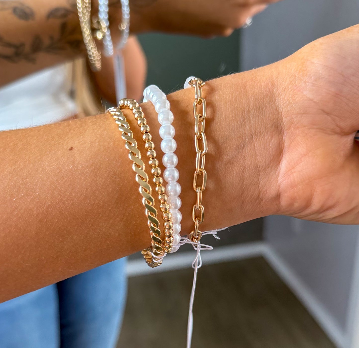 Bow Pearl Rhinestone Stretch Bangle Set | Gold