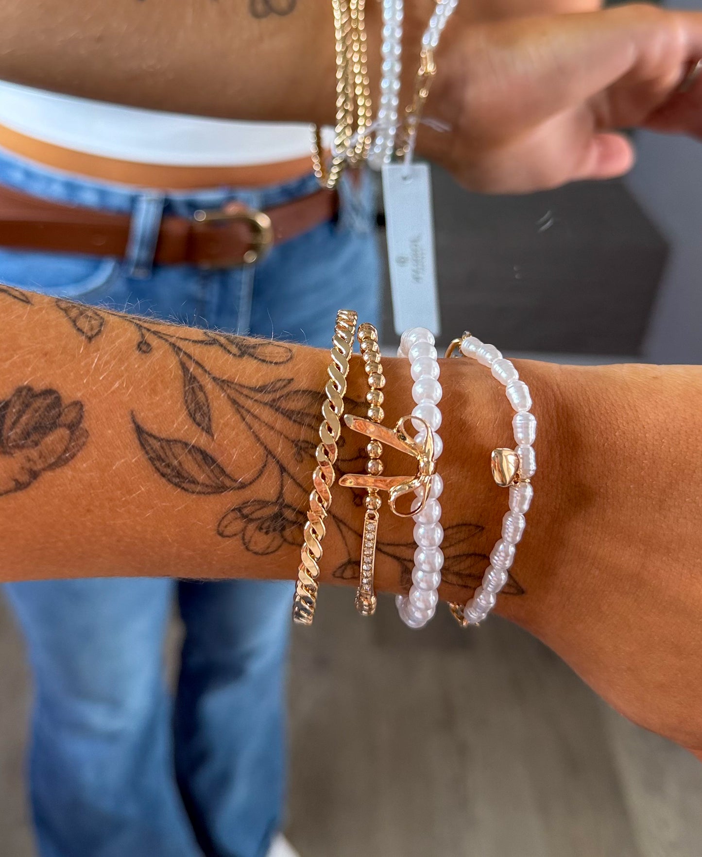 Bow Pearl Rhinestone Stretch Bangle Set | Gold