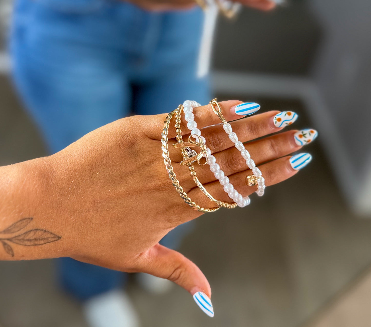 Bow Pearl Rhinestone Stretch Bangle Set | Gold