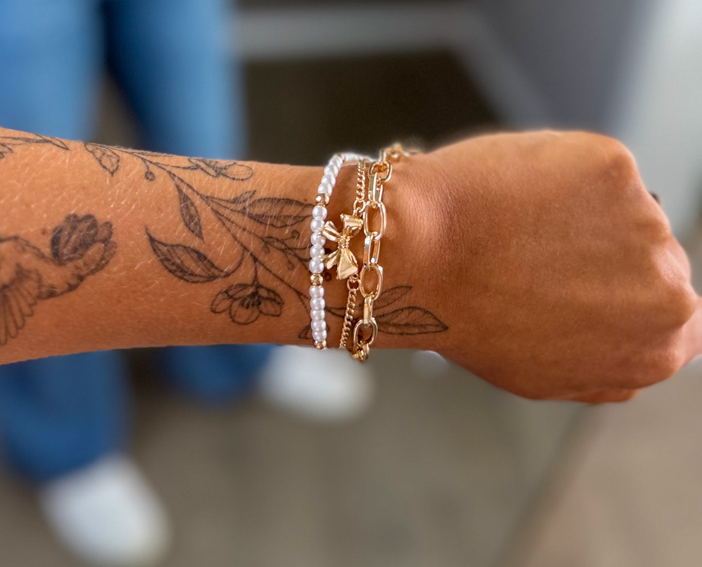 Bow Pearl Link Trio Bracelet Set | Gold