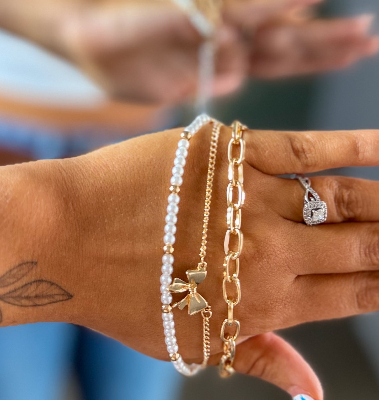 Bow Pearl Link Trio Bracelet Set | Gold