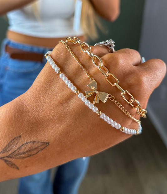 Bow Pearl Link Trio Bracelet Set | Gold