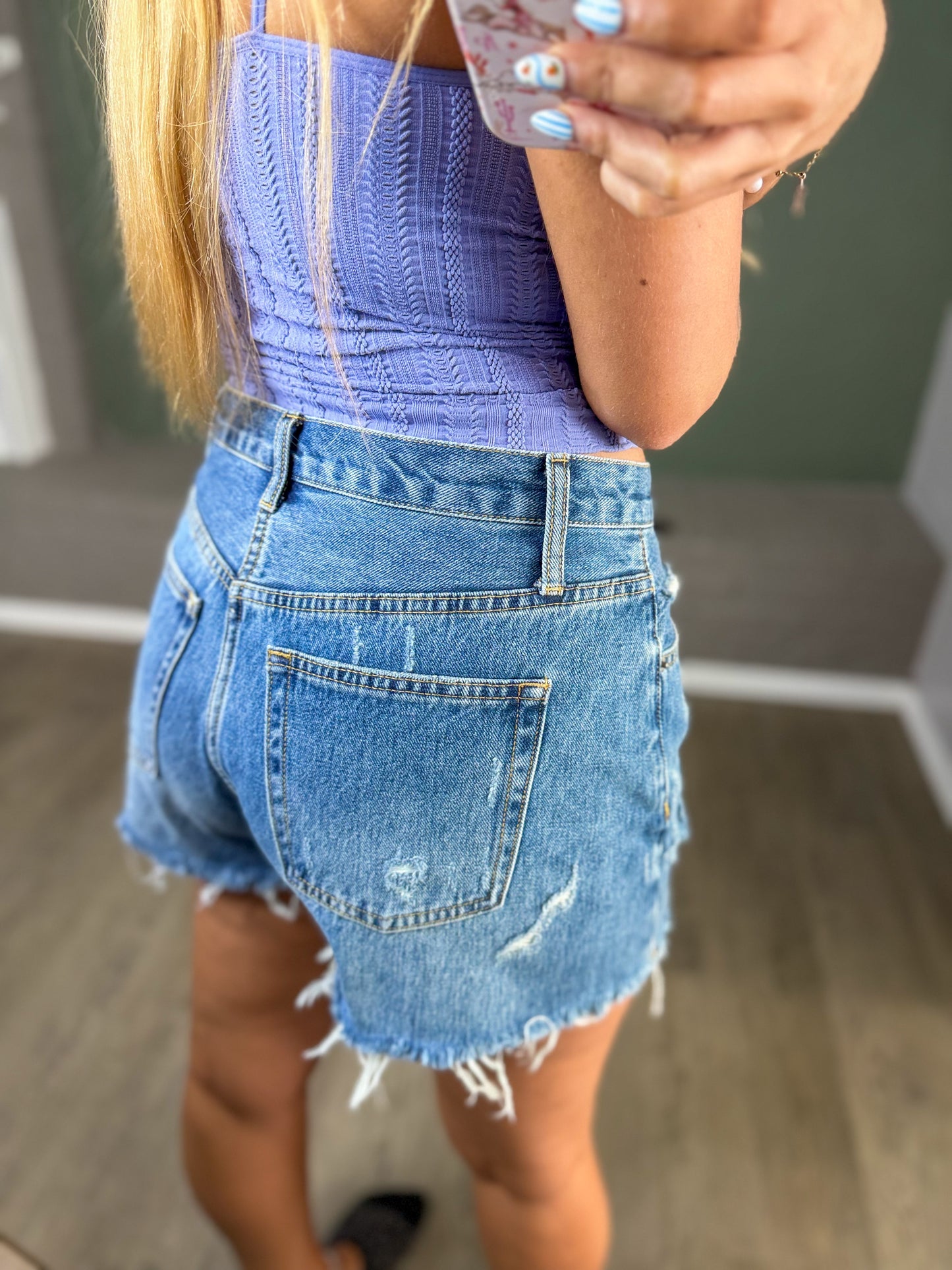 Medium Wash Distressed Denim Shorts