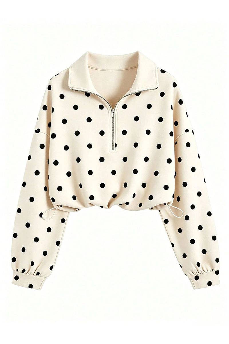 Polka Dot Half-Zip Crop Sweatshirt