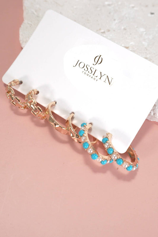 Trio Hoop Earring Set | Link, Diamond Cut & Turquoise Pearl