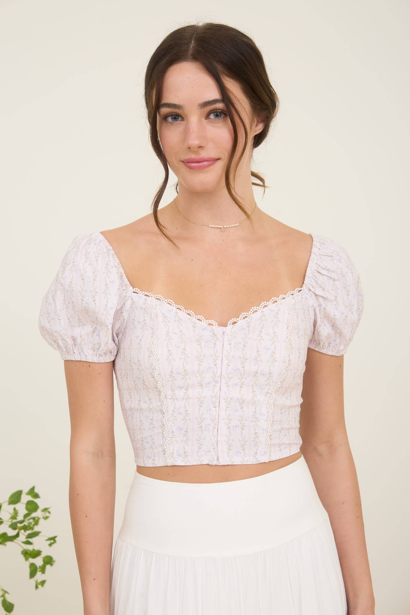 Stripe Floral Bow Pattern Sweetheart Neck Crop Top