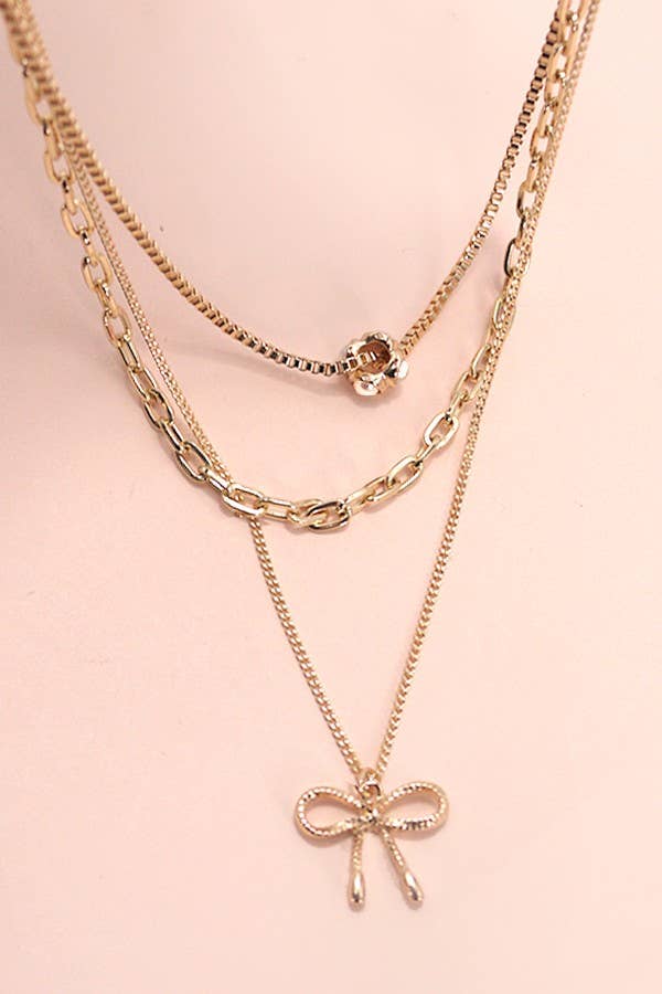Multi-Layer Pearl & Bow Charm Necklace | Gold