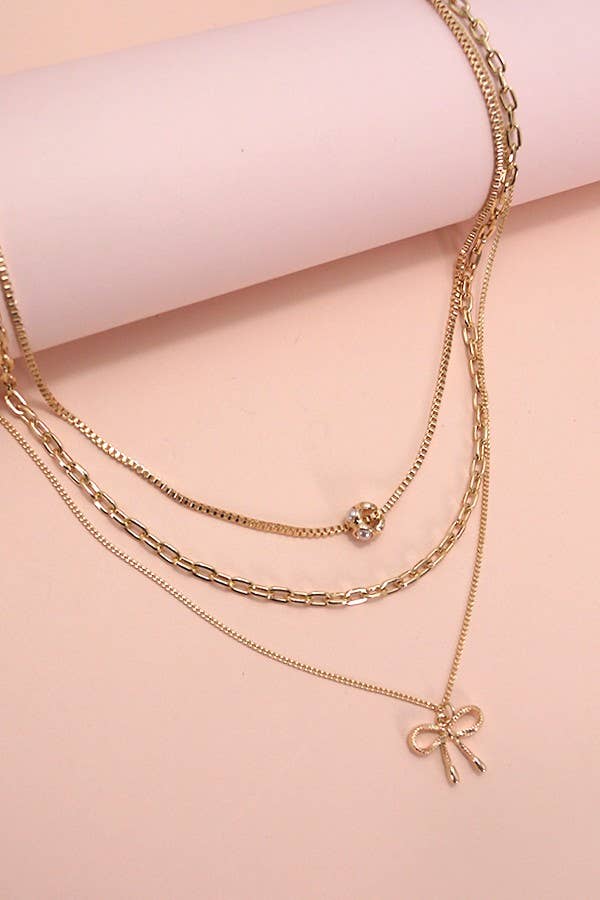 Multi-Layer Pearl & Bow Charm Necklace | Gold