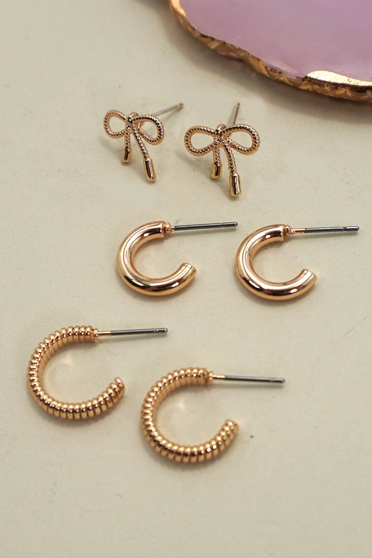 Mini Bow Huggie Hoop Trio Earring Set | Gold