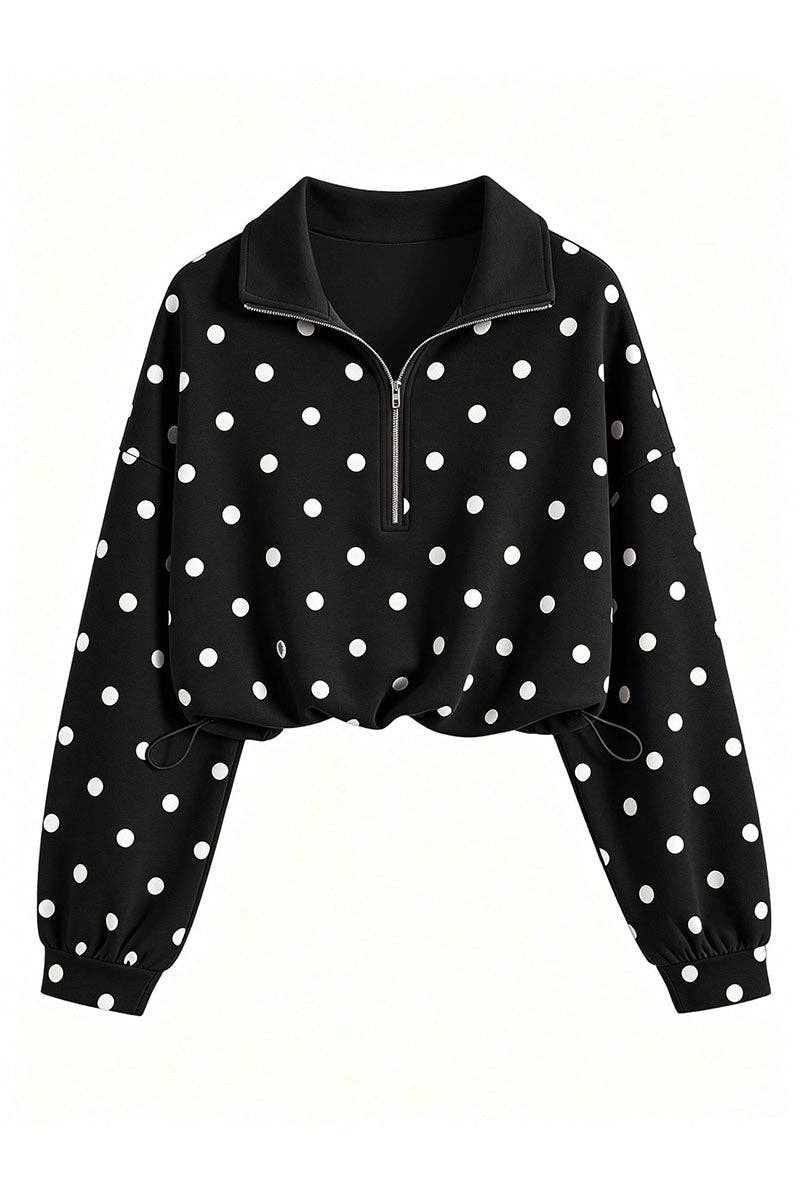 Polka Dot Half-Zip Crop Sweatshirt